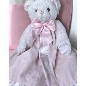 Bearington Baby 14 Inch Pink Teddy Bear Lovey Plush Pink Satin Lined Blanket